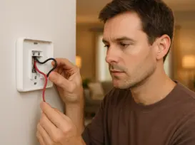 homeowner inspecting line voltage to thermostat relay power supply wiring on a wall thermostat, showing 120V and 240V cables inside a modern home