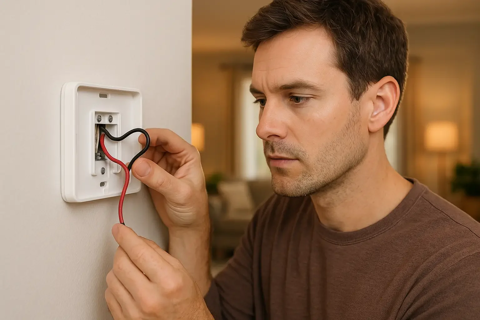 homeowner inspecting line voltage to thermostat relay power supply wiring on a wall thermostat, showing 120V and 240V cables inside a modern home