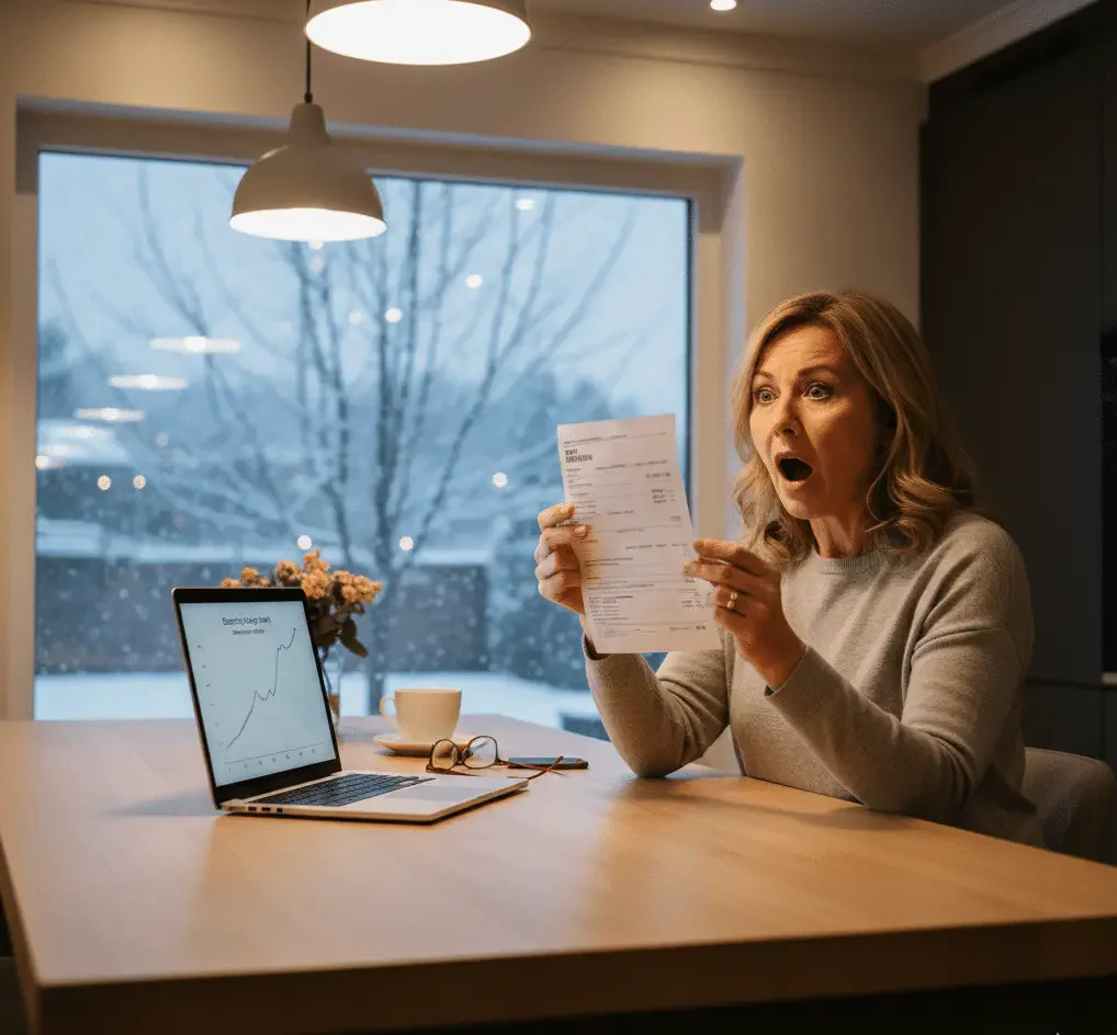 A homeowner sitting at a kitchen table at night, holding an electricity bill with a shocked expression，she want to know “Why My Electric Bill Doubled in One Month?”