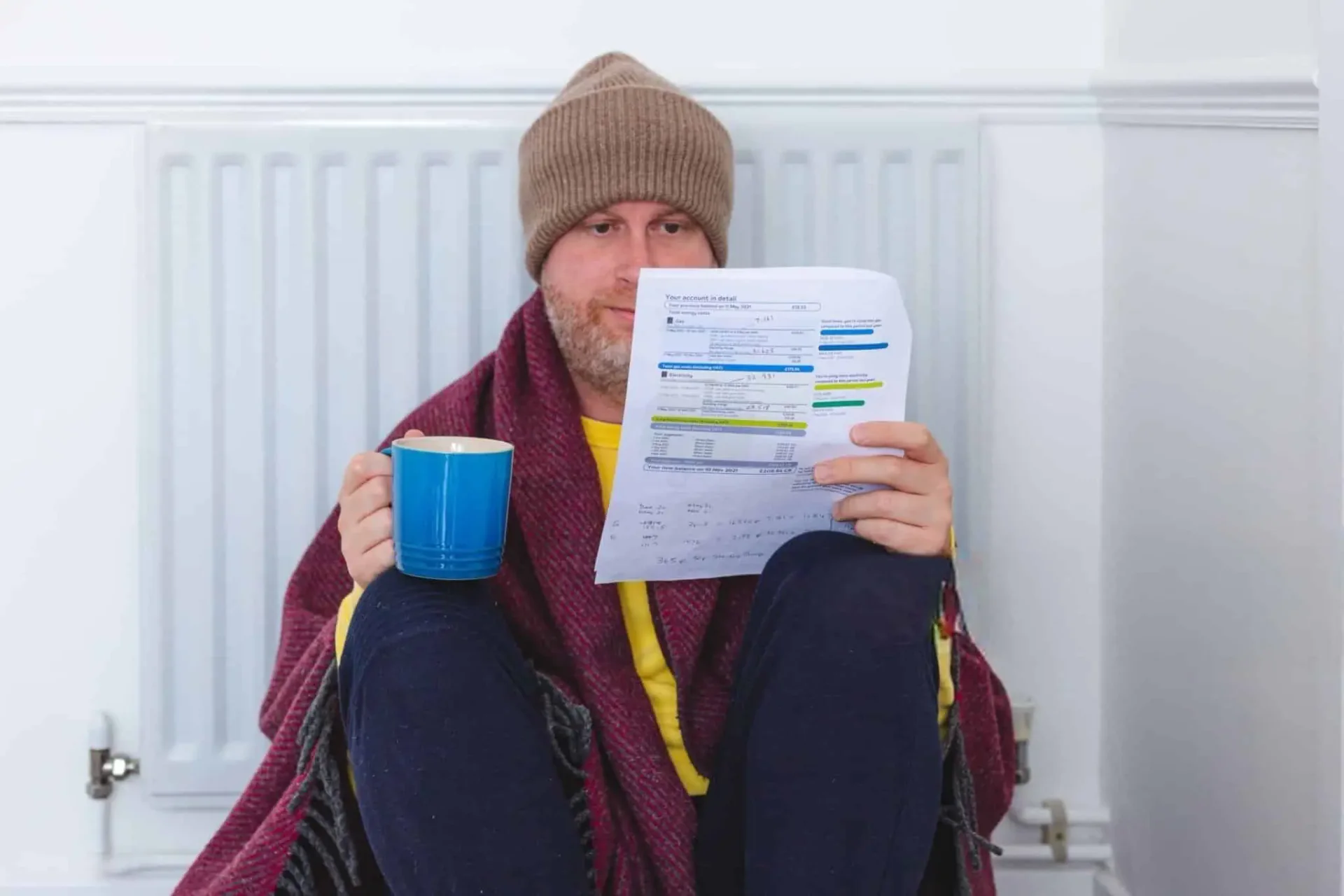 Person holding a winter electric bill and hot coffee, wrapped in a blanket beside a radiator, worried about high heating costs