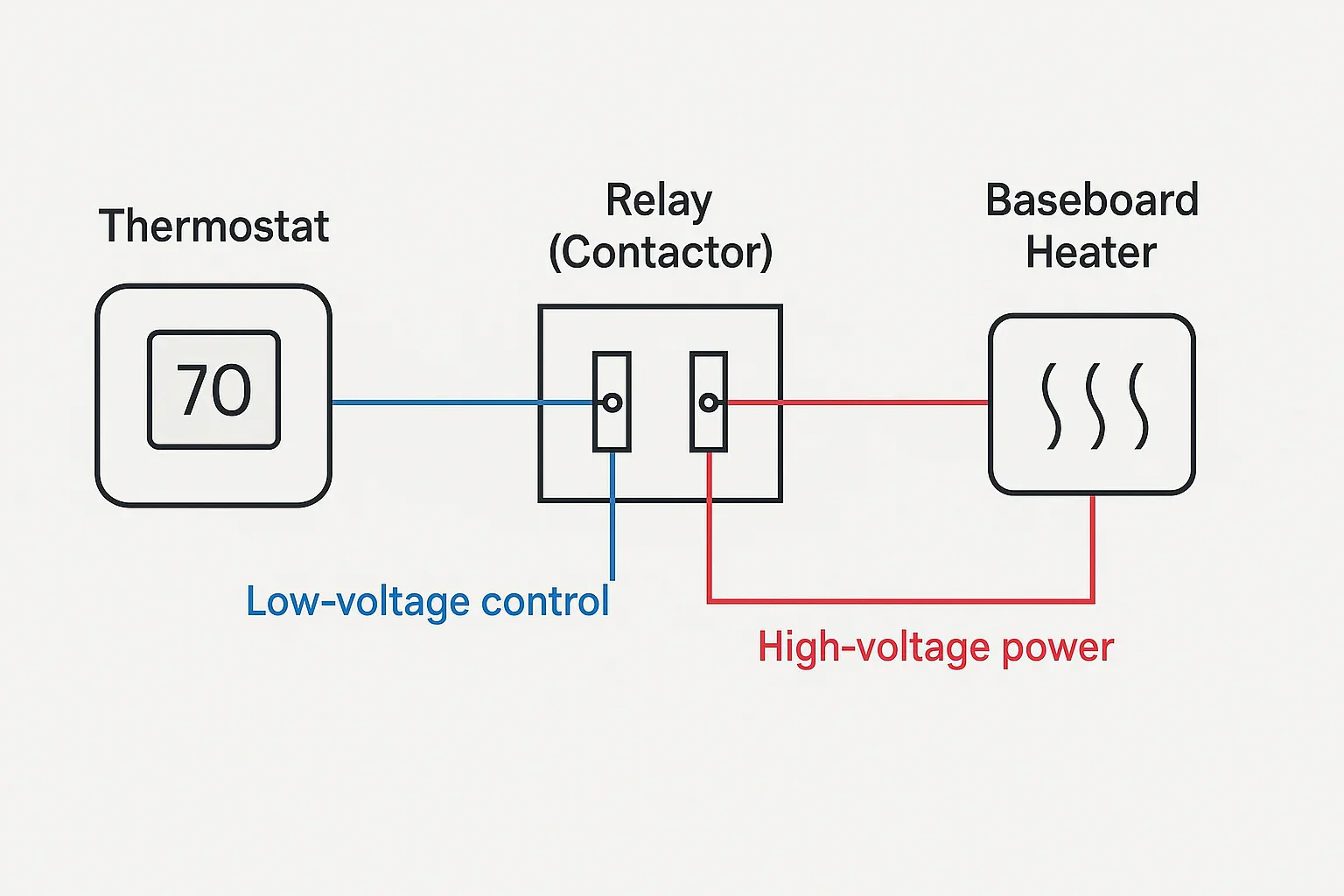 line voltage to thermostat relay power supply wiring diagram showing thermostat relay and heater connection
