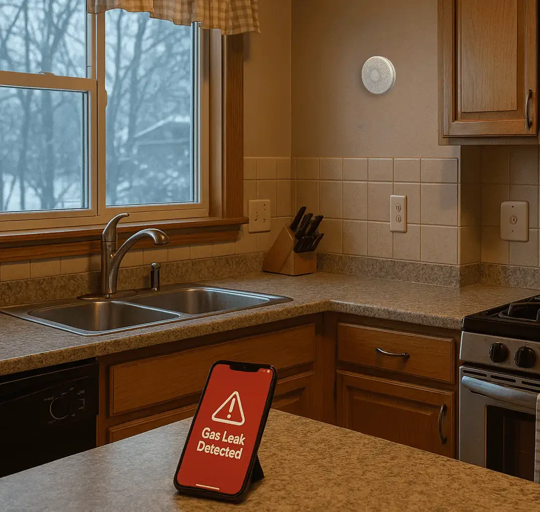 smart gas leak detector wifi sending phone alert in modern kitchen