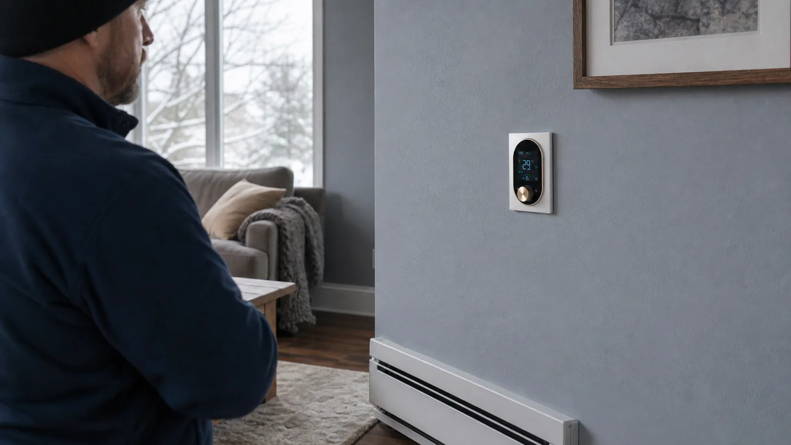 EcoNet-BH thermostat mounted above an electric baseboard heater in a North American living room