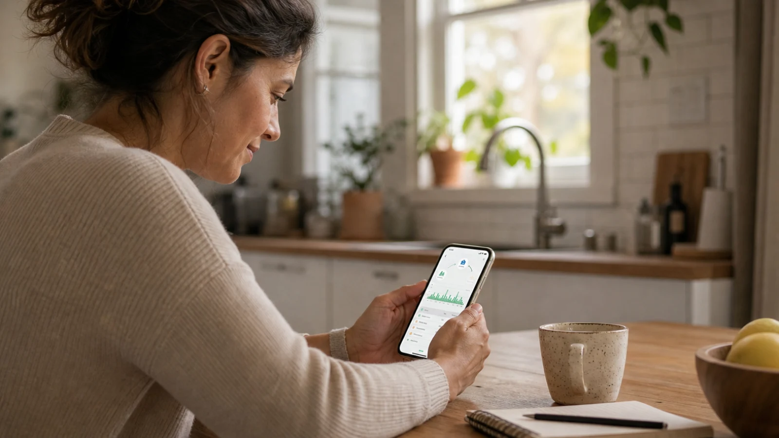 Homeowner reviewing household energy patterns on a phone in a kitchen