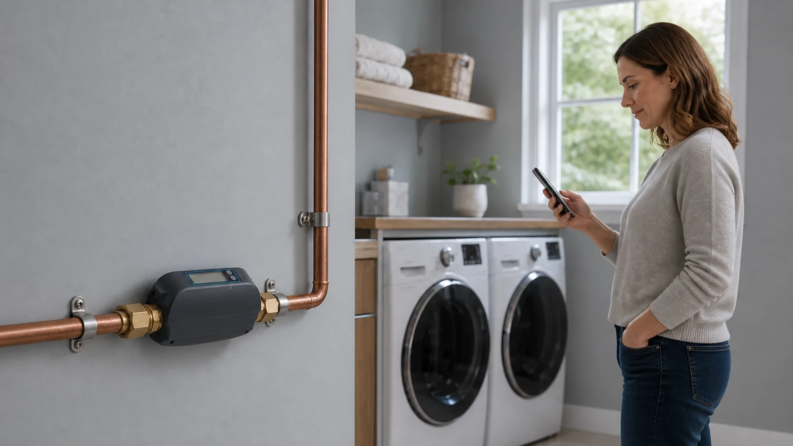 A homeowner reviewing a phone alert near a smart water shutoff valve in a dry laundry room