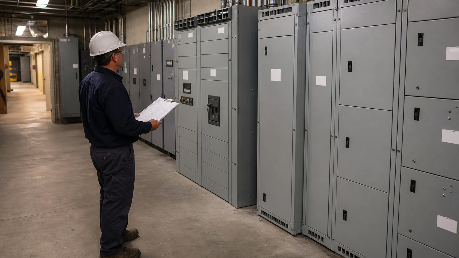 Electrical professional reviewing closed panelboards in a North American electrical room