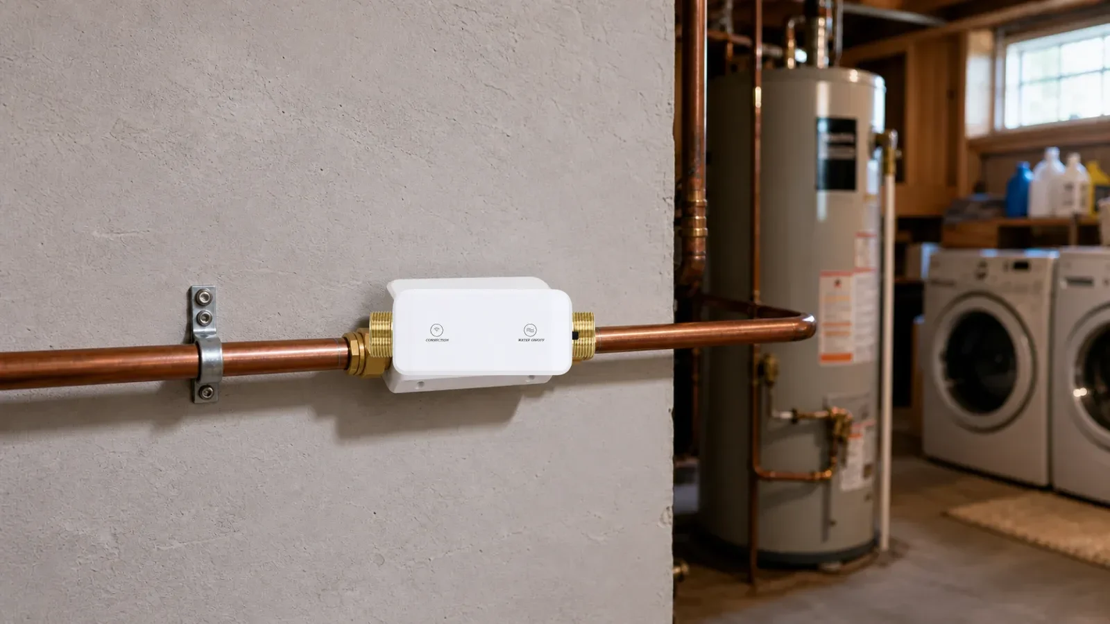 Smart water valve installed on a copper main-water pipe in a home utility room