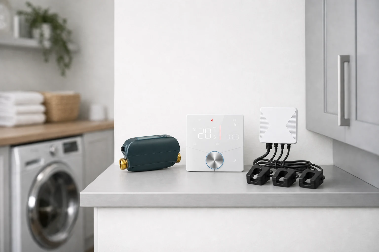 Home energy monitor, heating controller, and water protection products in a utility room