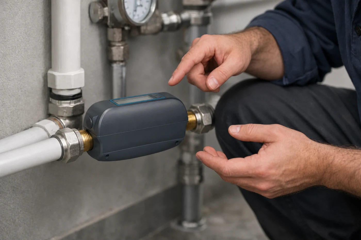 installer reviewing a smart water valve installation for partner scope planning
