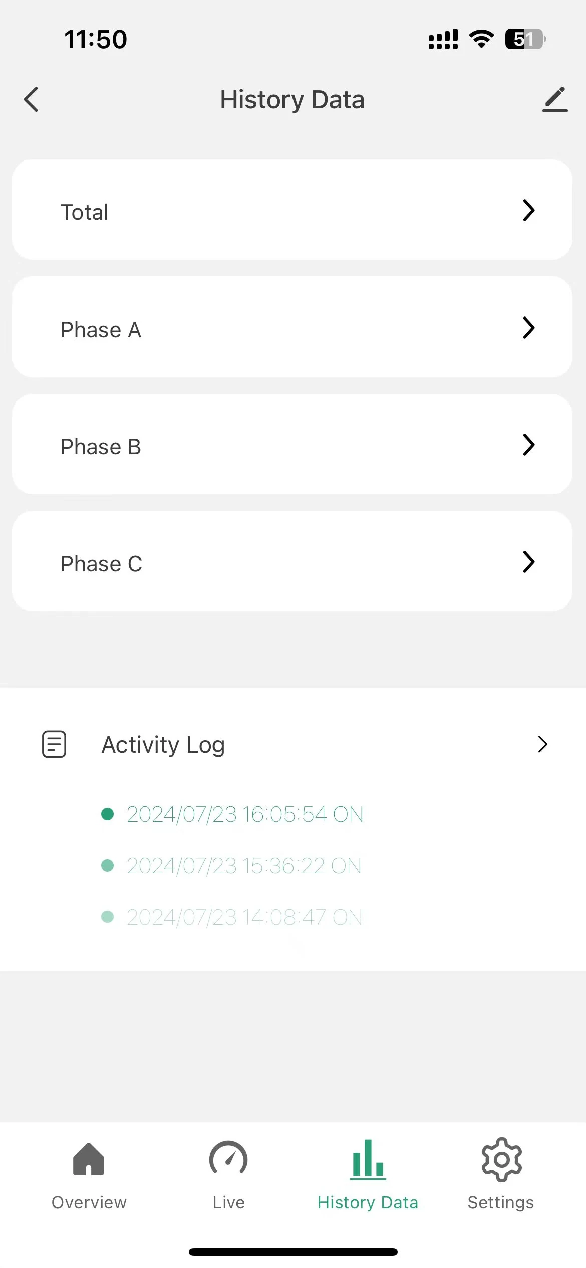WattNet-3R relay energy monitor app screen