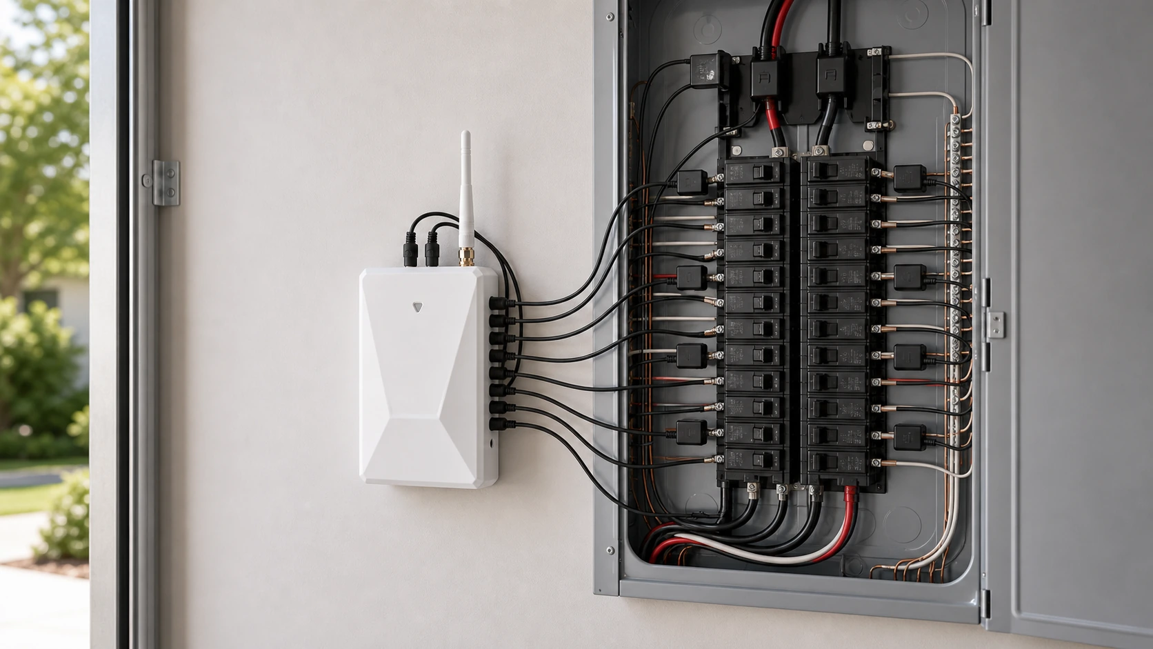 WattPanel-2X monitor and CT sensors installed beside a residential electrical panel
