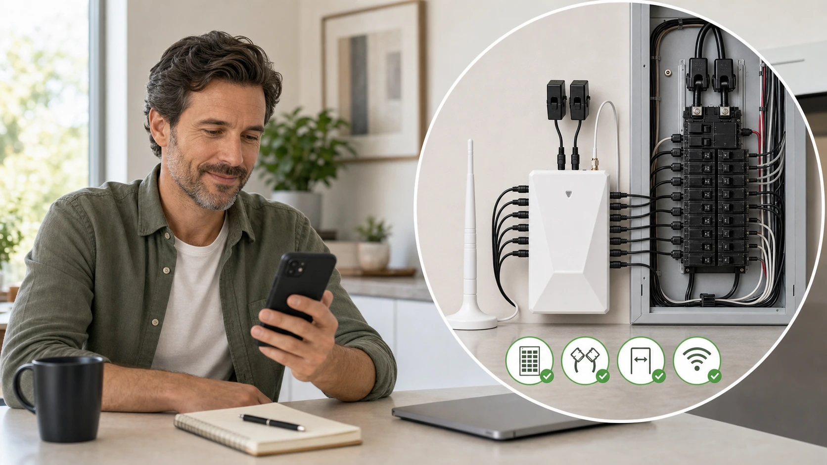 Homeowner reviewing WattPanel-2X panel space, CT sensors, and connectivity before purchase