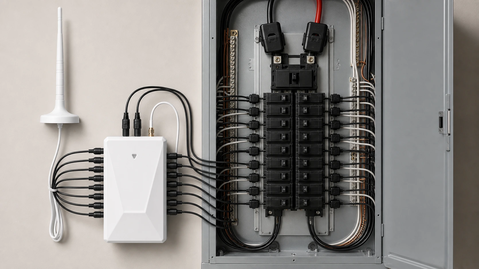 WattPanel-2X main and circuit CT layout beside a split-phase residential electrical panel