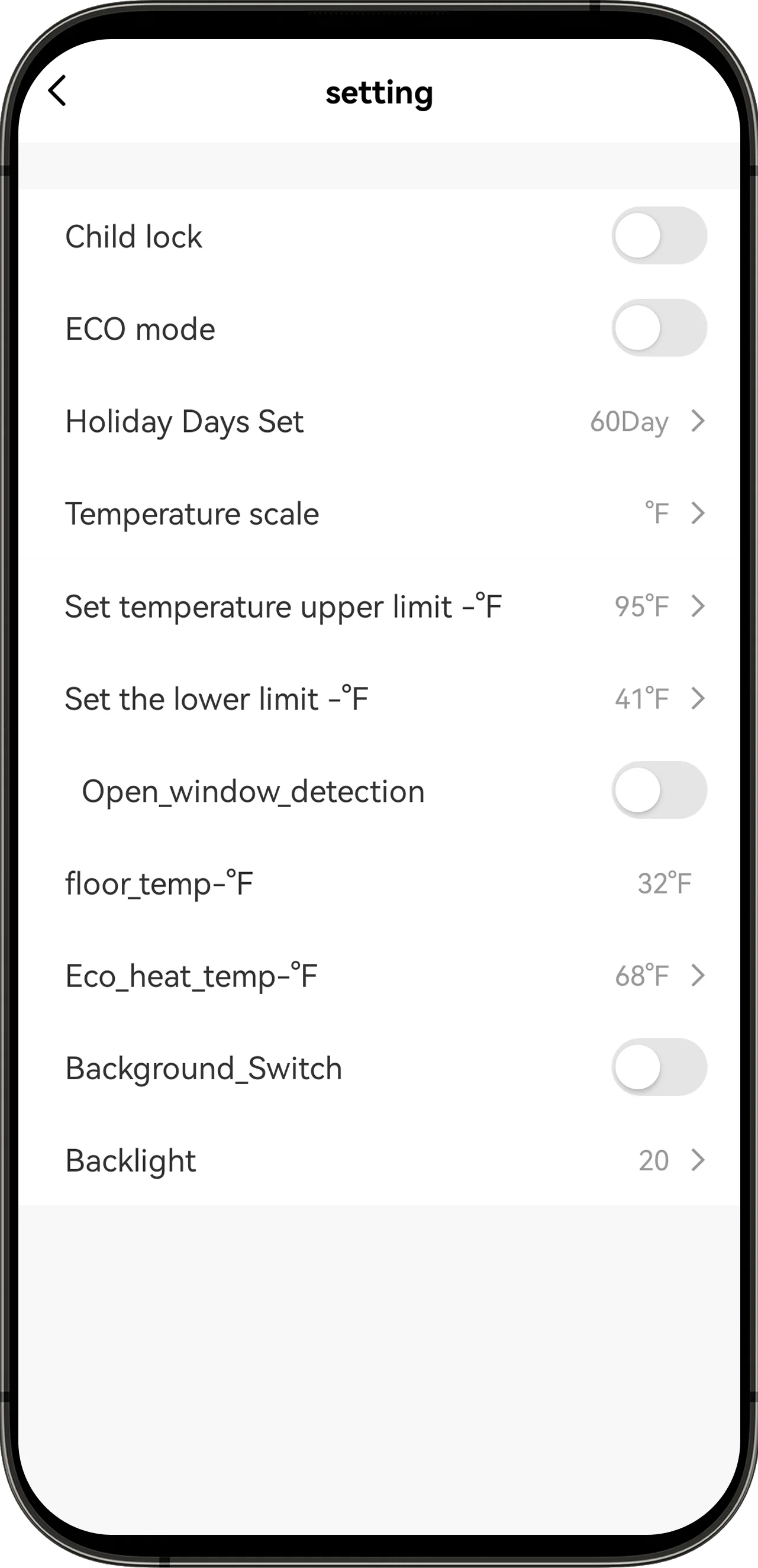 Smart baseboard thermostat settings screen for customer-support planning