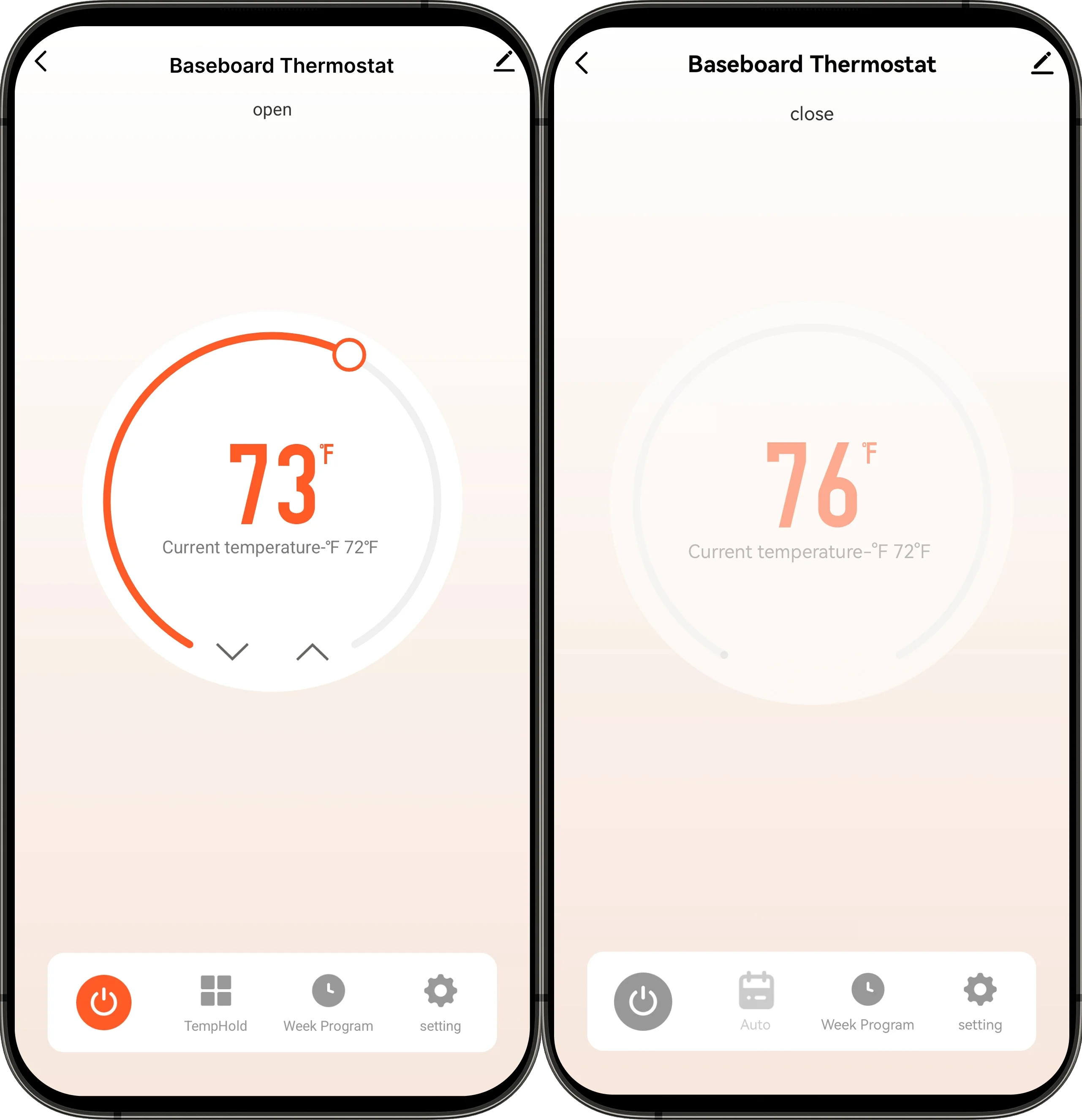 EcoNet-BH app screens for temperature adjustment and on or off control