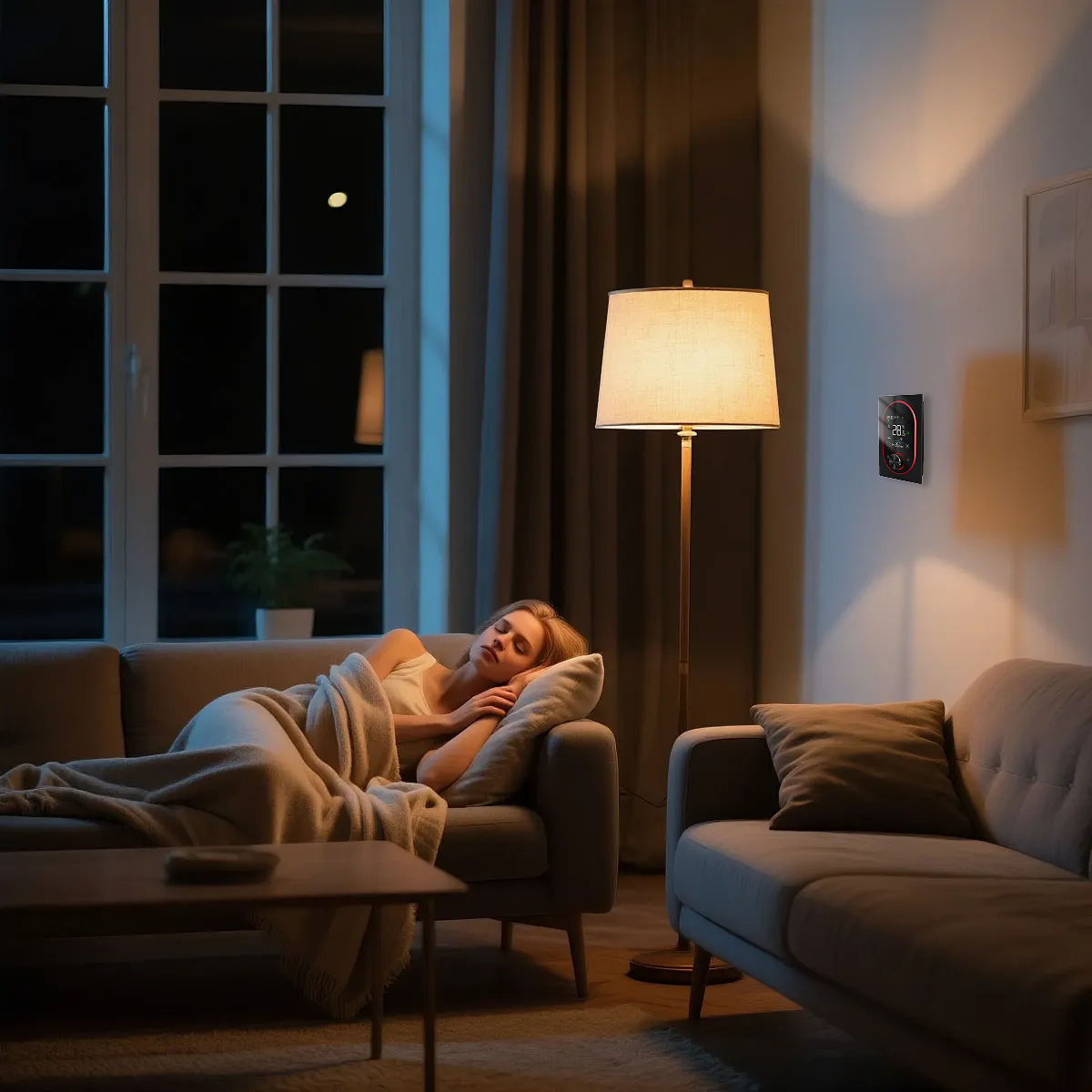 Smart thermostat in a finished room with baseboard heating context