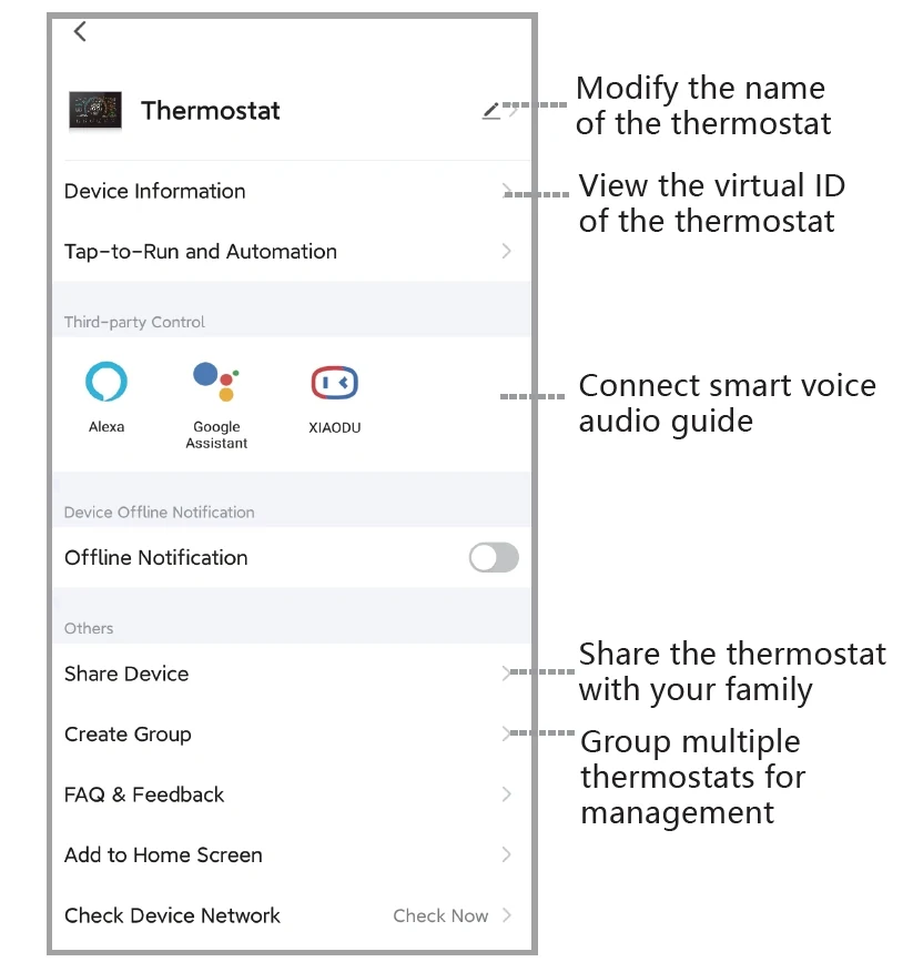 Smart thermostat app control visual for voltage category review