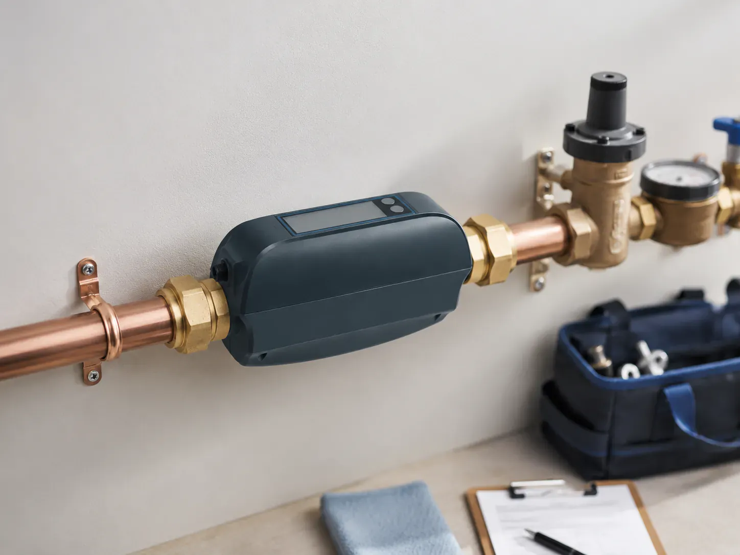 A smart water valve installation and project record in a dry utility area, ready for professional verification