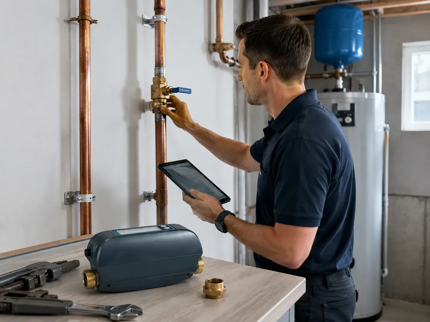 installer checking water pipe for smart water protection partner planning
