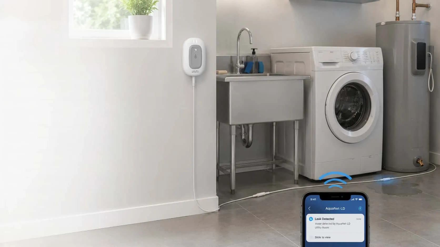 Leak detection cable and phone alert shown in a laundry and water-heater area