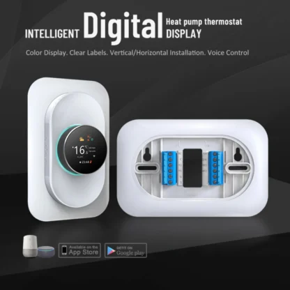 Image showcasing the front and back design of smart Heat Pump Thermostat with advanced display features and voice control
