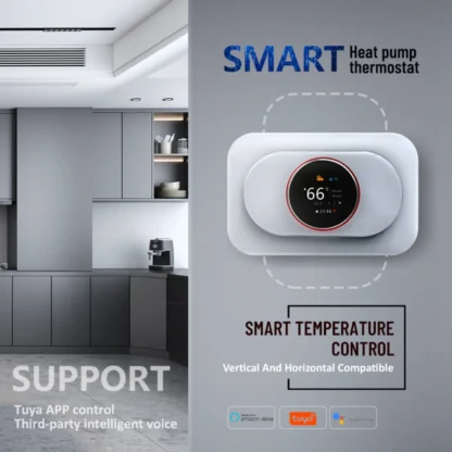 Image showcasing a versatile smart Heat Pump Thermostat EcoNet-HP compatible with TUYA, Amazon Alexa, and Google Assistant