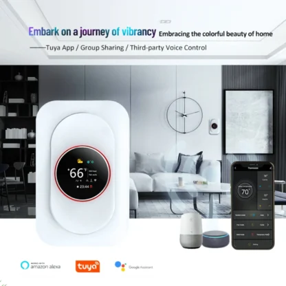 Image depicting the intelligent features of WiFi smart Thermostat, including Tuya App compatibility and third-party voice control capability