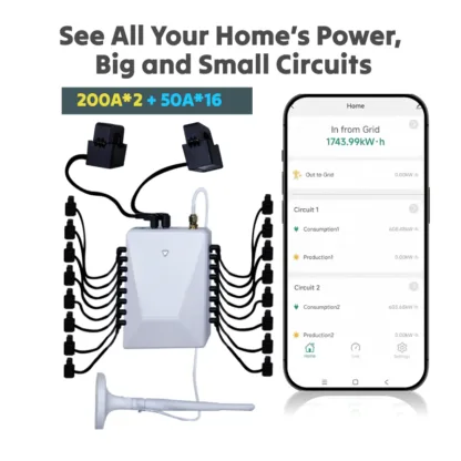 WattPanel-2X 200A2 + 50A16 Home Energy Monitor with mobile app, designed for real-time multi-circuit monitoring and tracking both main and small circuits.