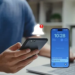 User checking a motion detection alert on their smartphone via CamNet-DR.