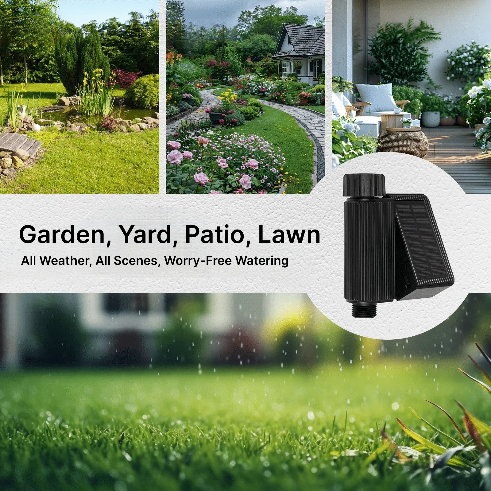 WiFi Hose Timer – Works in All Outdoor Garden Scenarios WiFi Hose Timer shown in various garden, patio, yard, and lawn scenarios