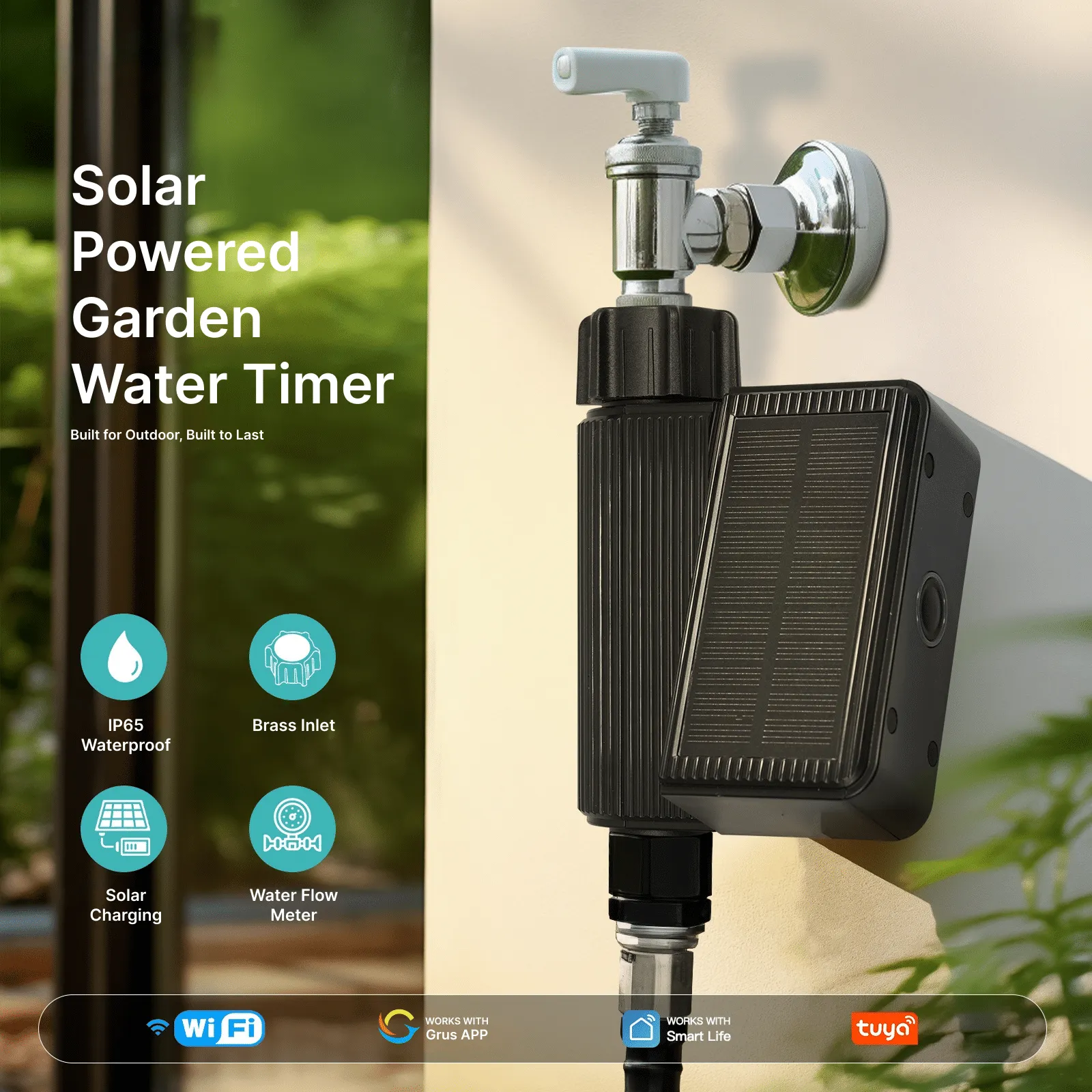 WiFi Hose Timer installed outdoors under the sun with feature icons