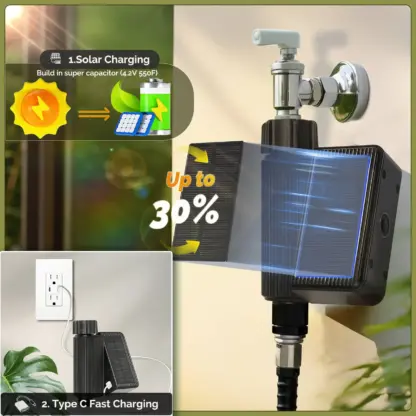 WiFi Hose Timer with dual charging modes: solar panel and USB-C port