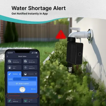 WiFi Hose Timer and app showing water shortage alert notification