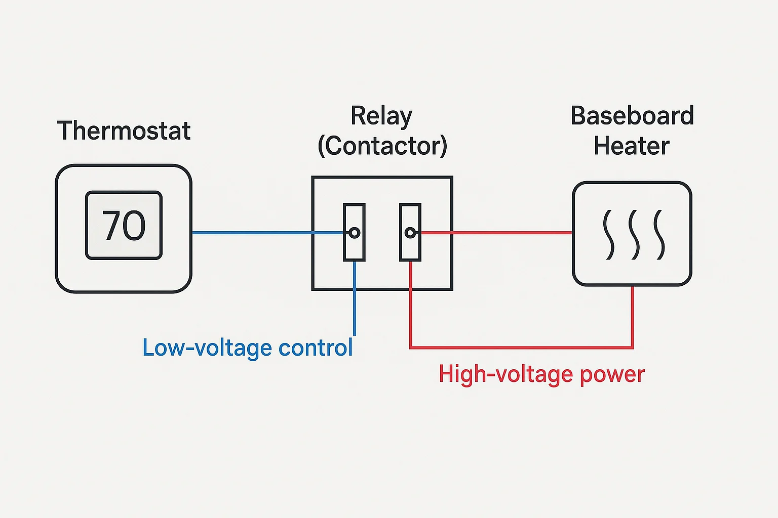 Line Voltage to Thermostat Relay Power Supply — A Simple Guide for Homeowners 5 line voltage to thermostat relay power supply wiring diagram showing thermostat relay and heater connection