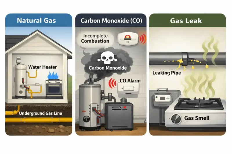 Gas leak, CO, and natural gas