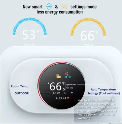 Smart Heat Pump Thermostat with Automatic Temperature Control Image showcasing smart Heat Pump Thermostat with automatic temperature control feature