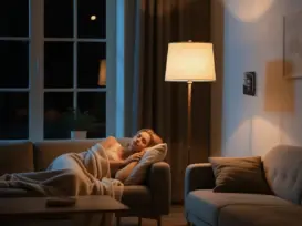 Programmable vs smart thermostat comparison in a cozy modern living room, showing a family enjoying warmth and energy savings.