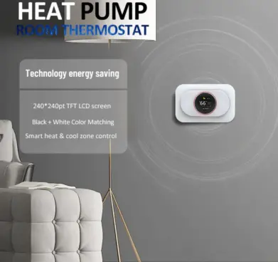Image displaying Grus Heat Pump Thermostat featuring Technology energy saving, 240*240pt TFT LCD screen, Black + White Color Matching, and Smart heat & cool zone control