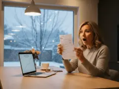 A homeowner sitting at a kitchen table at night, holding an electricity bill with a shocked expression，she want to know “Why My Electric Bill Doubled in One Month?”