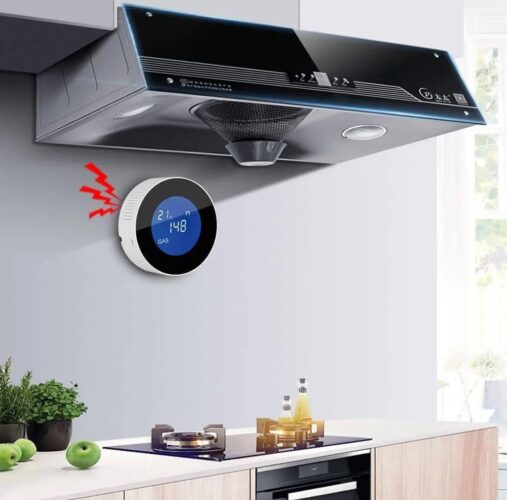 GasNet-S4 Gas Leak Detector for Kitchen Gas Safety & Monitoring GasNet-S4 Smart Gas Leak Detector under a kitchen hood detecting gas leaks