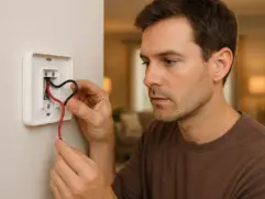 homeowner inspecting line voltage to thermostat relay power supply wiring on a wall thermostat, showing 120V and 240V cables inside a modern home